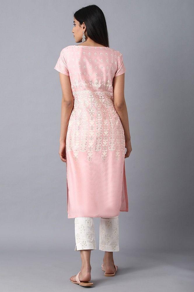 Pink Round Neck Embroidered kurta - wforwoman