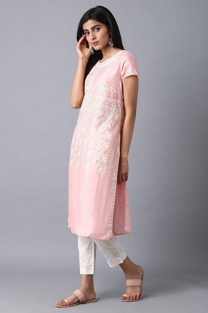 Pink Round Neck Embroidered kurta - wforwoman