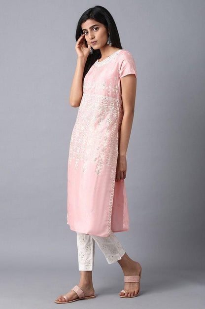 Pink Round Neck Embroidered kurta - wforwoman