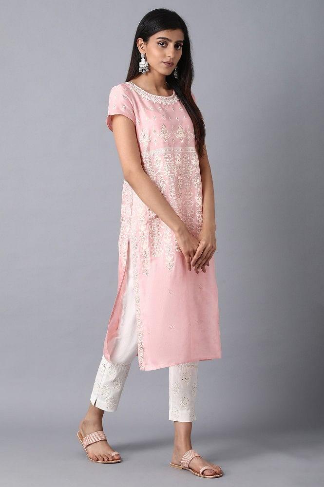 Pink Round Neck Embroidered kurta - wforwoman