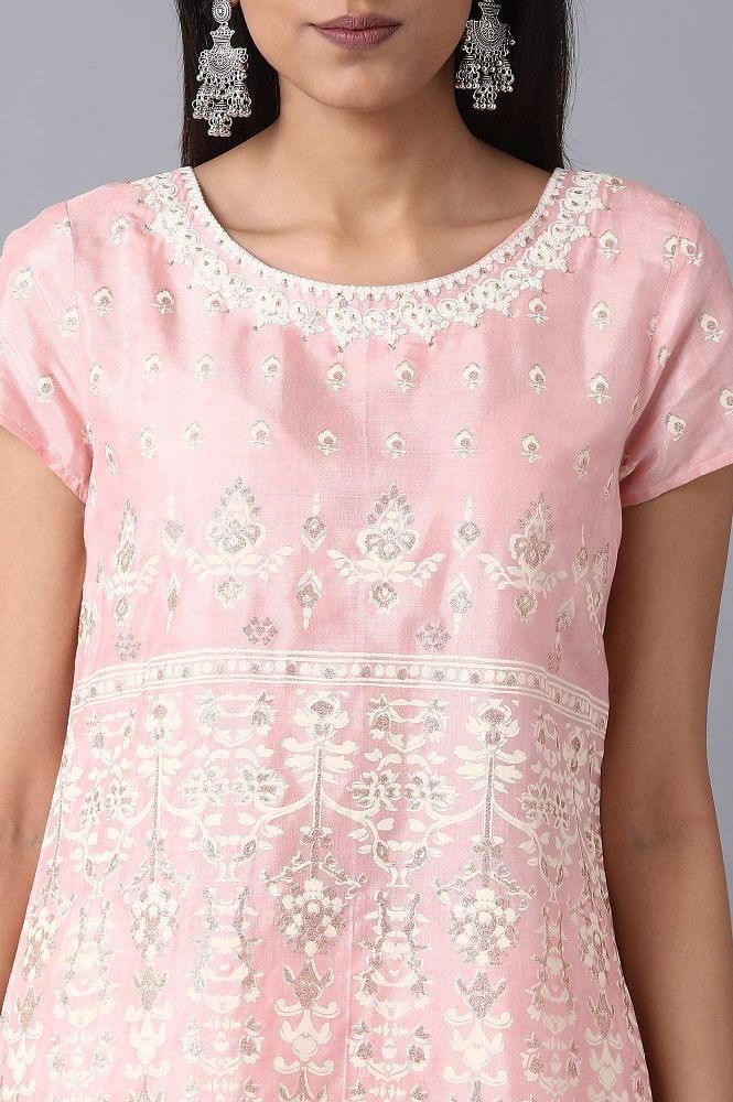 Pink Round Neck Embroidered kurta - wforwoman