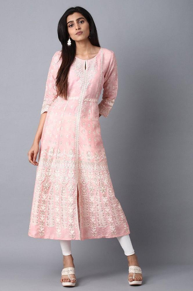 Pink Round Neck Embroidered kurta - wforwoman