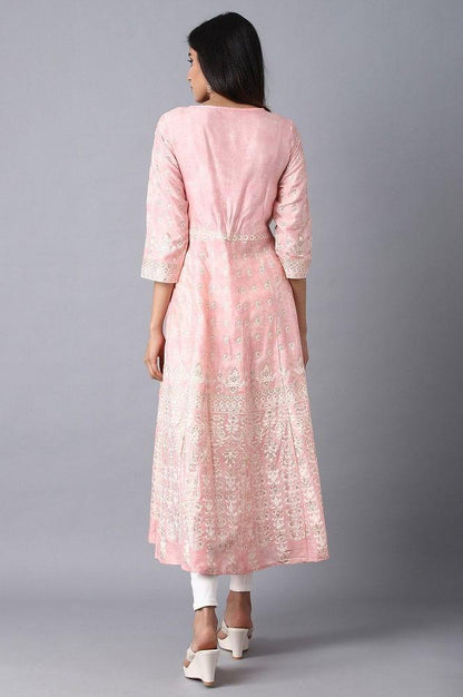 Pink Round Neck Embroidered kurta - wforwoman