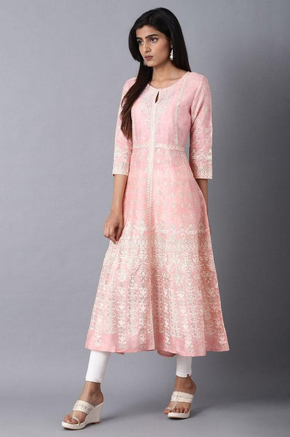 Pink Round Neck Embroidered kurta - wforwoman