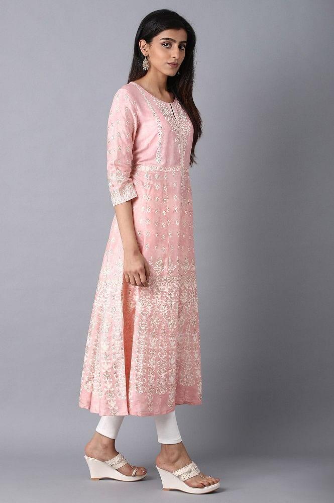 Pink Round Neck Embroidered kurta - wforwoman