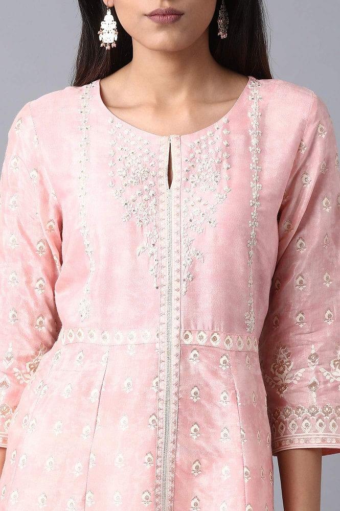 Pink Round Neck Embroidered kurta - wforwoman