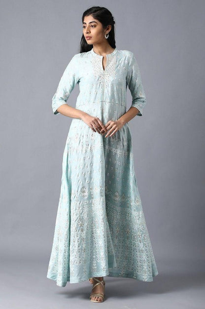 Blue Mandarin Neck Embroidered Dress - wforwoman