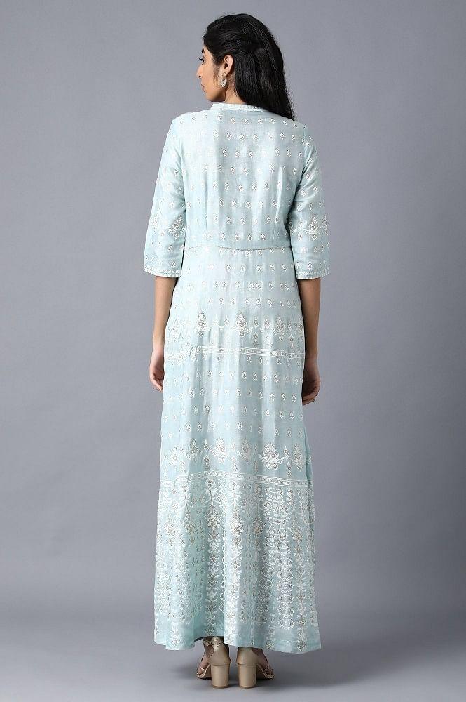 Blue Mandarin Neck Embroidered Dress - wforwoman