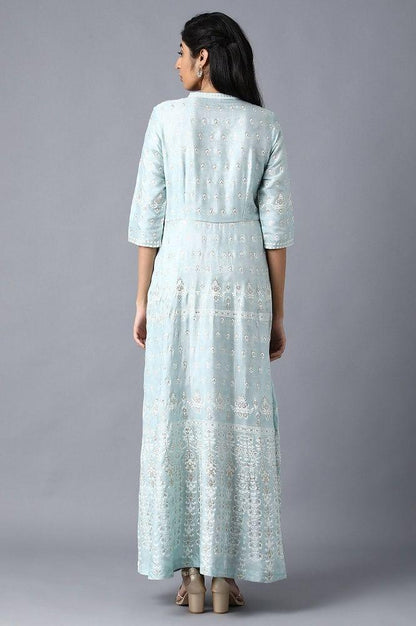 Blue Mandarin Neck Embroidered Dress - wforwoman