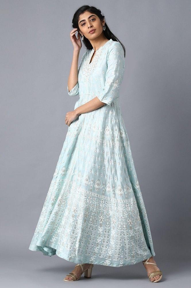 Blue Mandarin Neck Embroidered Dress - wforwoman