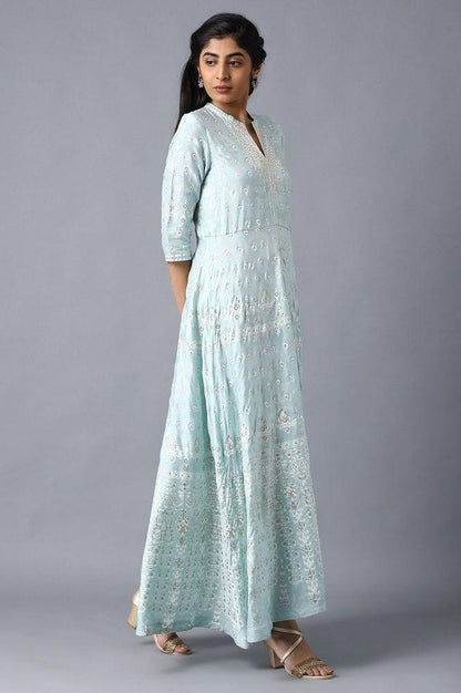 Blue Mandarin Neck Embroidered Dress - wforwoman