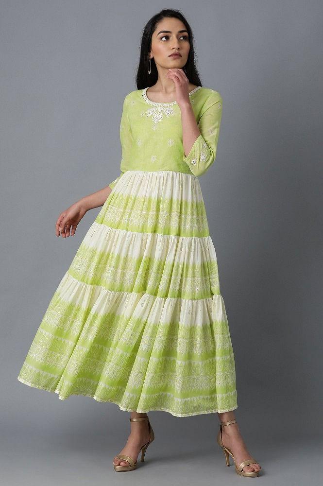 Green Round Neck Tiered Dress - wforwoman