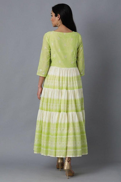 Green Round Neck Tiered Dress - wforwoman