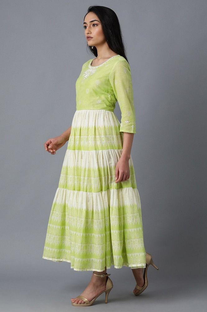 Green Round Neck Tiered Dress - wforwoman