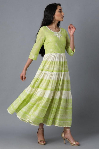 Green Round Neck Tiered Dress - wforwoman