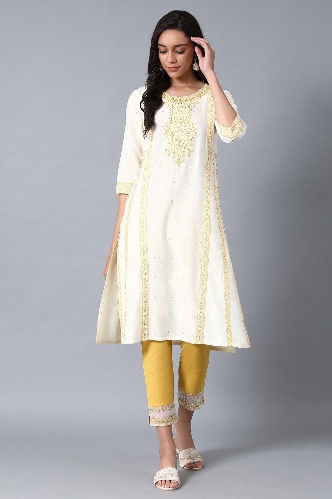 Yellow Round Neck Embroidered kurta - wforwoman