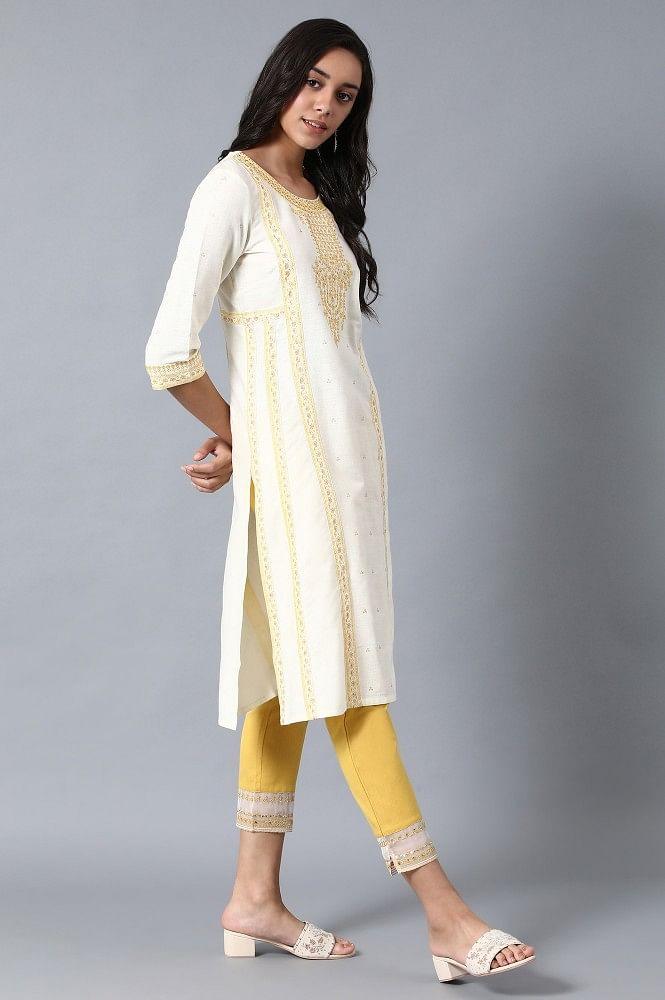 Yellow Round Neck Embroidered kurta - wforwoman