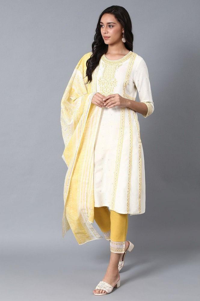 Yellow Round Neck Embroidered kurta - wforwoman