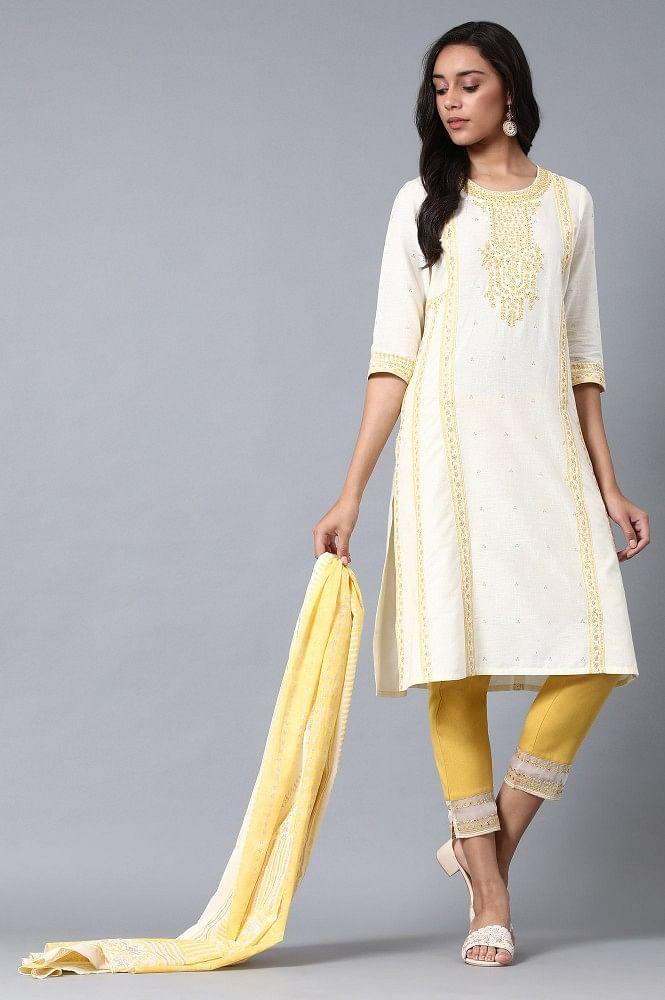 Yellow Round Neck Embroidered kurta - wforwoman