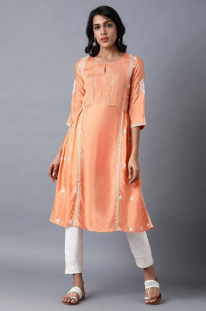 Orange Round Neck Printed kurta - wforwoman