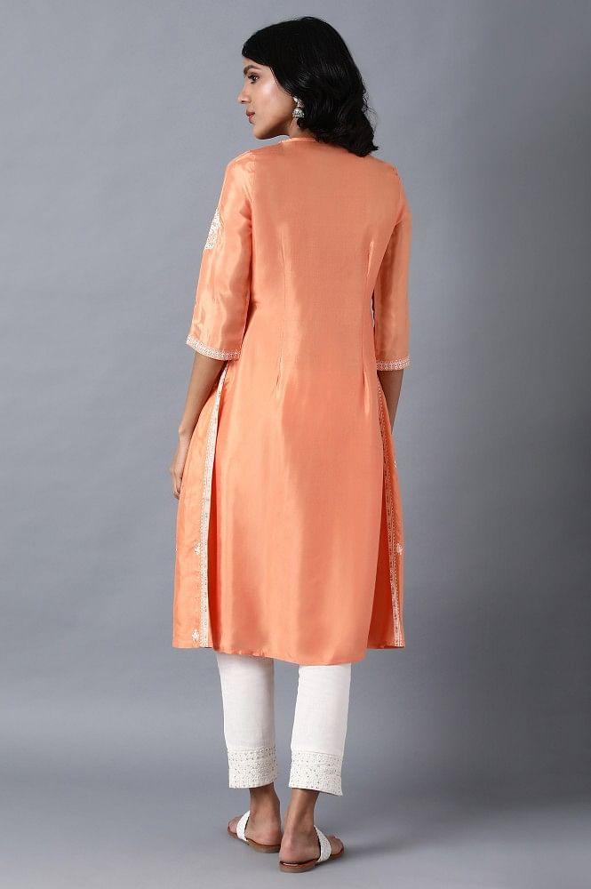 Orange Round Neck Printed kurta - wforwoman