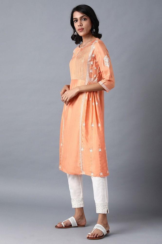 Orange Round Neck Printed kurta - wforwoman