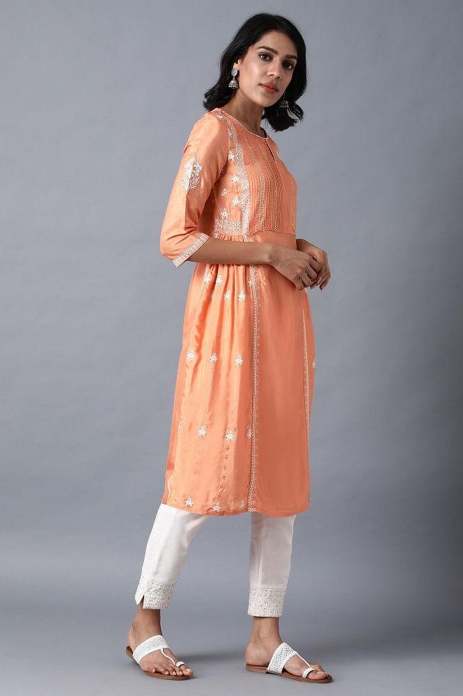 Orange Round Neck Printed kurta - wforwoman