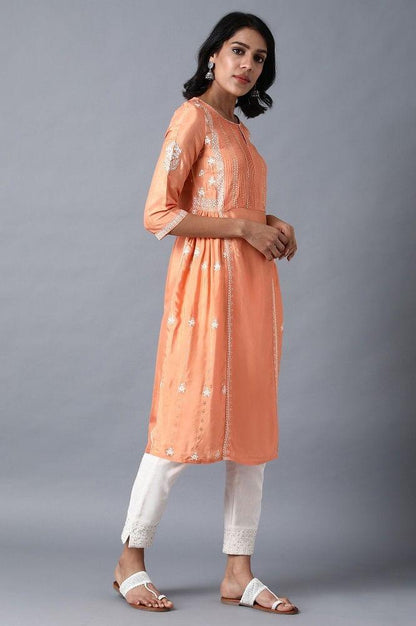 Orange Round Neck Printed kurta - wforwoman