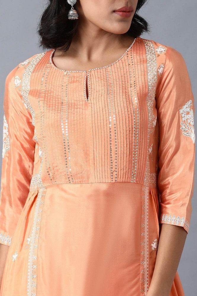 Orange Round Neck Printed kurta - wforwoman