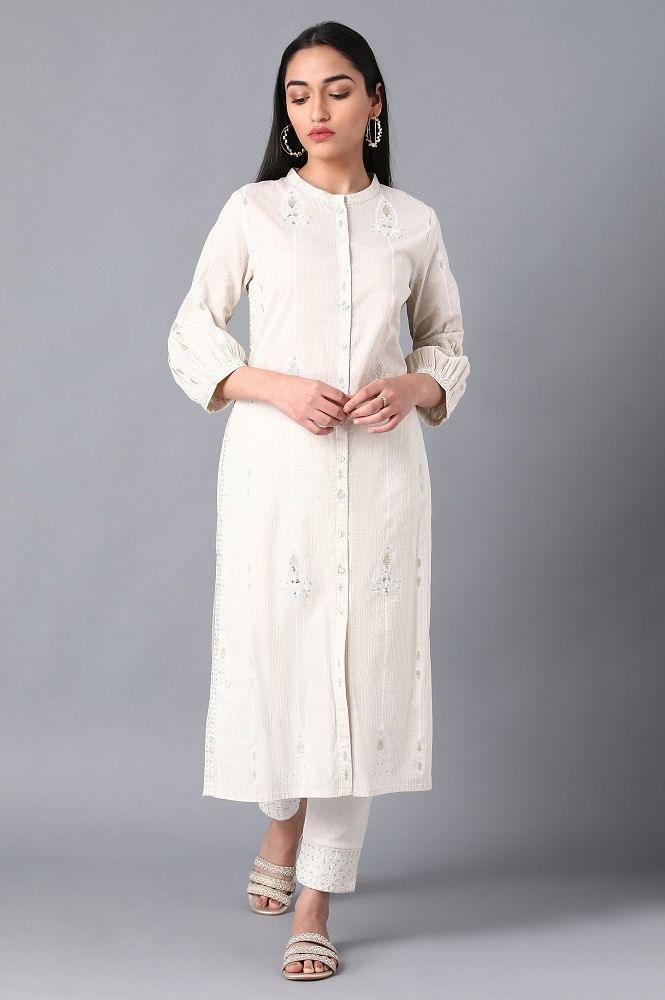 White Mandarin Neck kurta - wforwoman