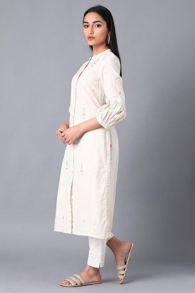 White Mandarin Neck kurta - wforwoman