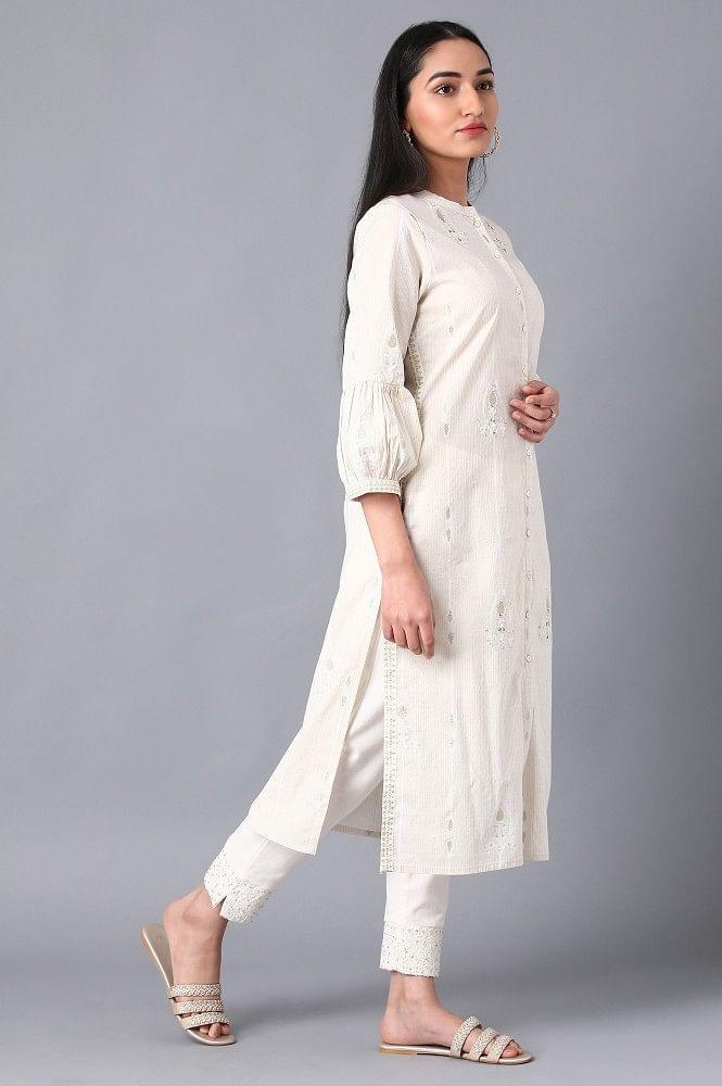 White Mandarin Neck kurta - wforwoman