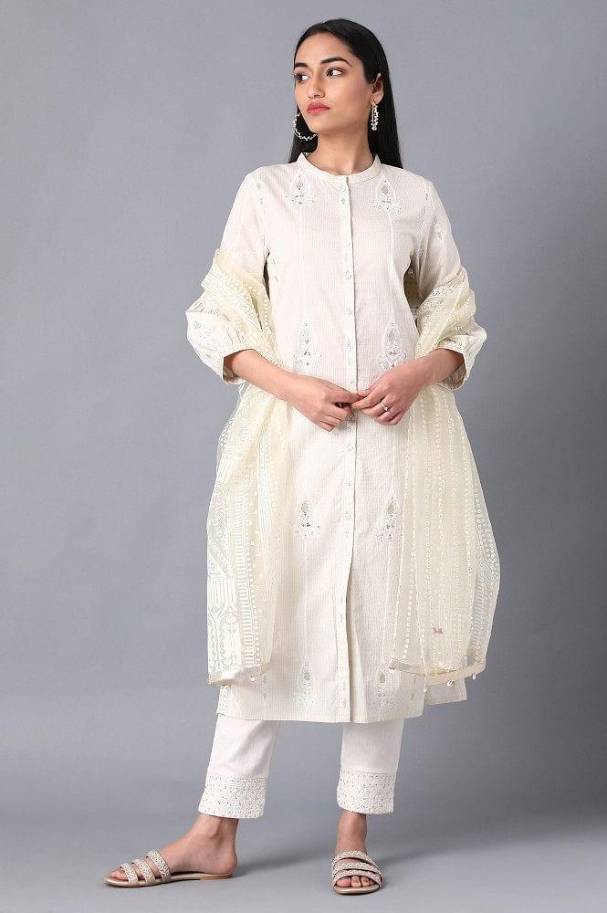 White Mandarin Neck kurta - wforwoman