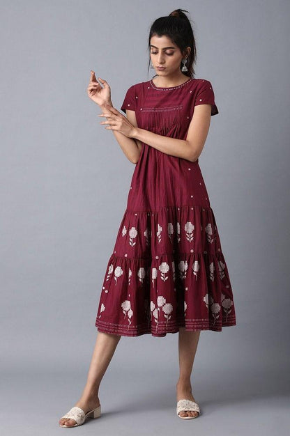 Wine Round Neck Tiered Dress - wforwoman