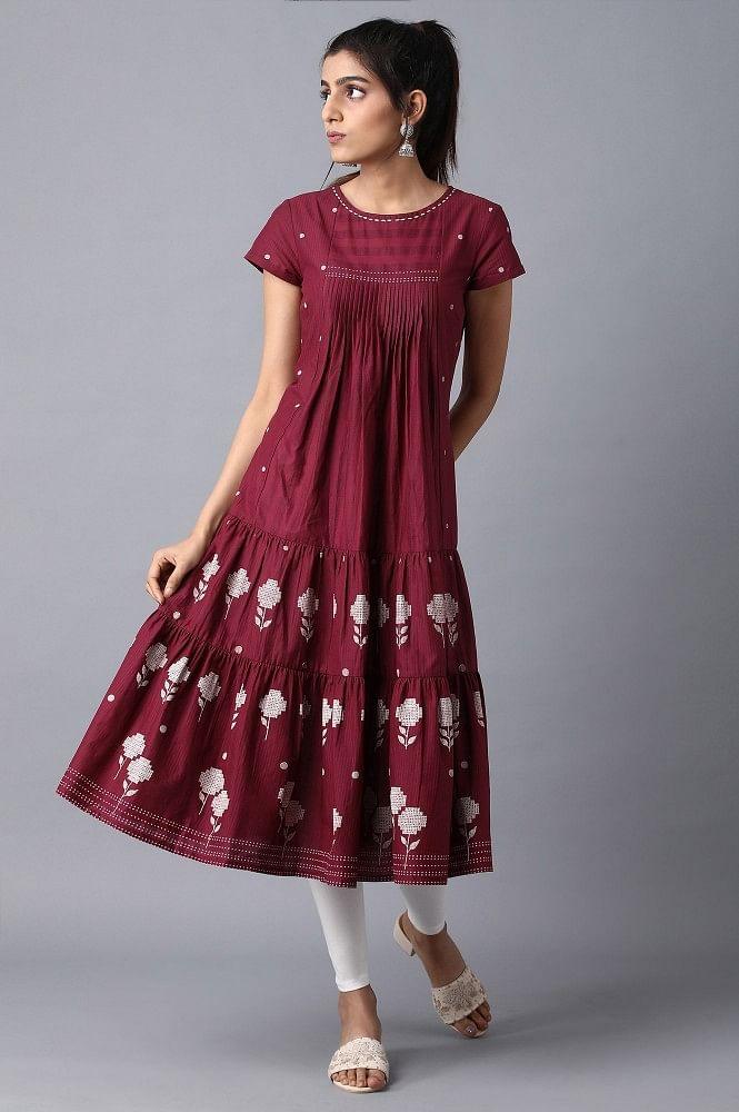 Wine Round Neck Tiered Dress - wforwoman