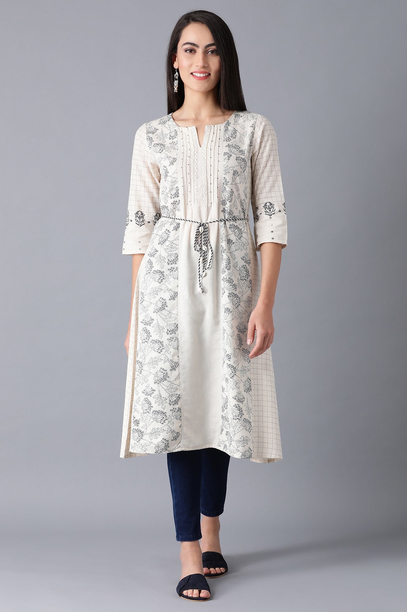 Ecru Round Neck Printed kurta