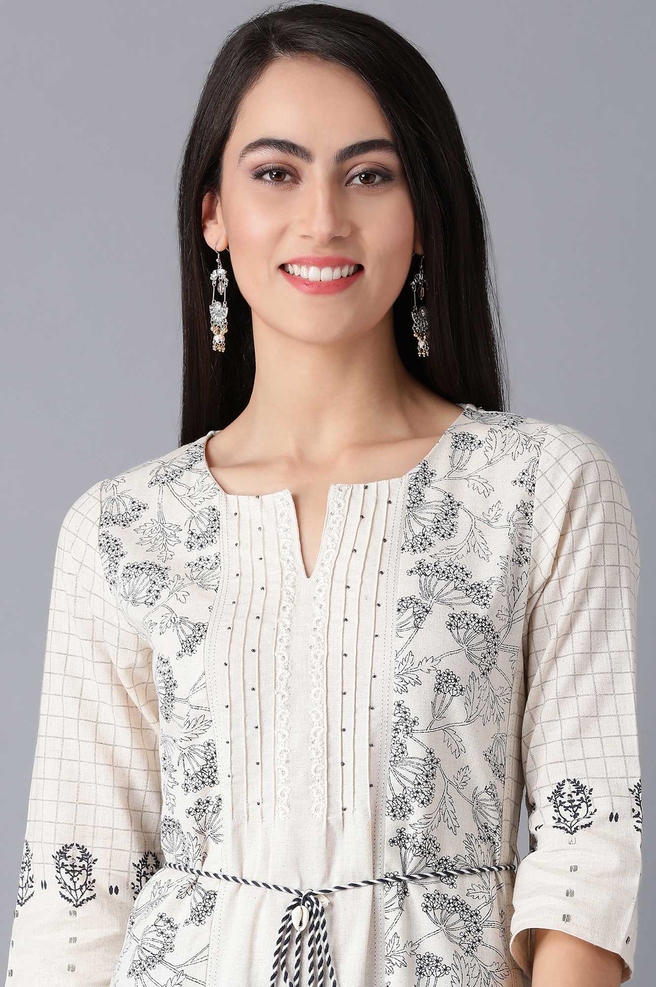 Ecru Round Neck Printed kurta