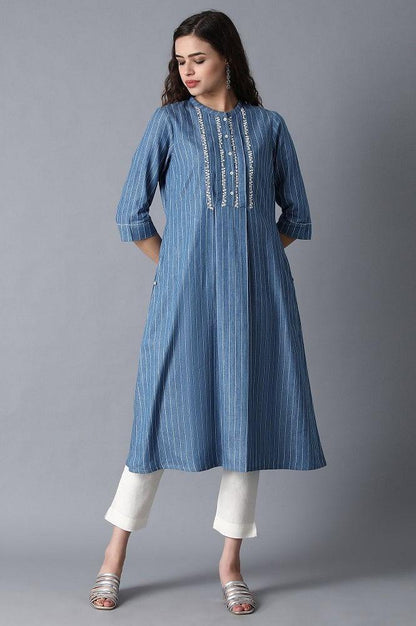 Blue Mandarin Neck Printed kurta - wforwoman