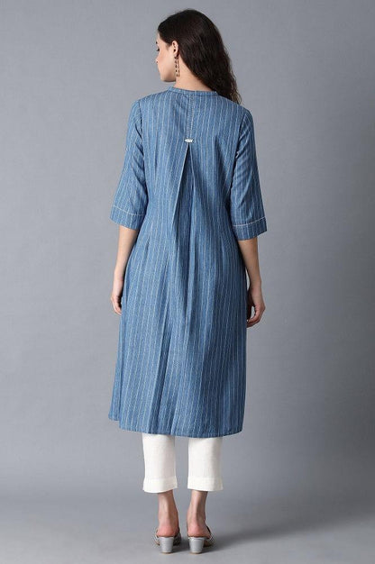 Blue Mandarin Neck Printed kurta - wforwoman