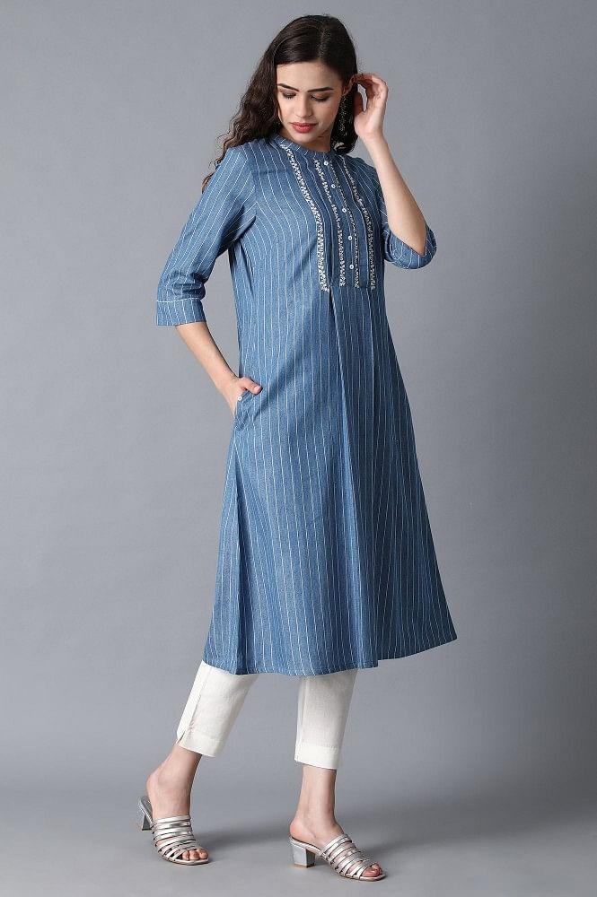 Blue Mandarin Neck Printed kurta - wforwoman