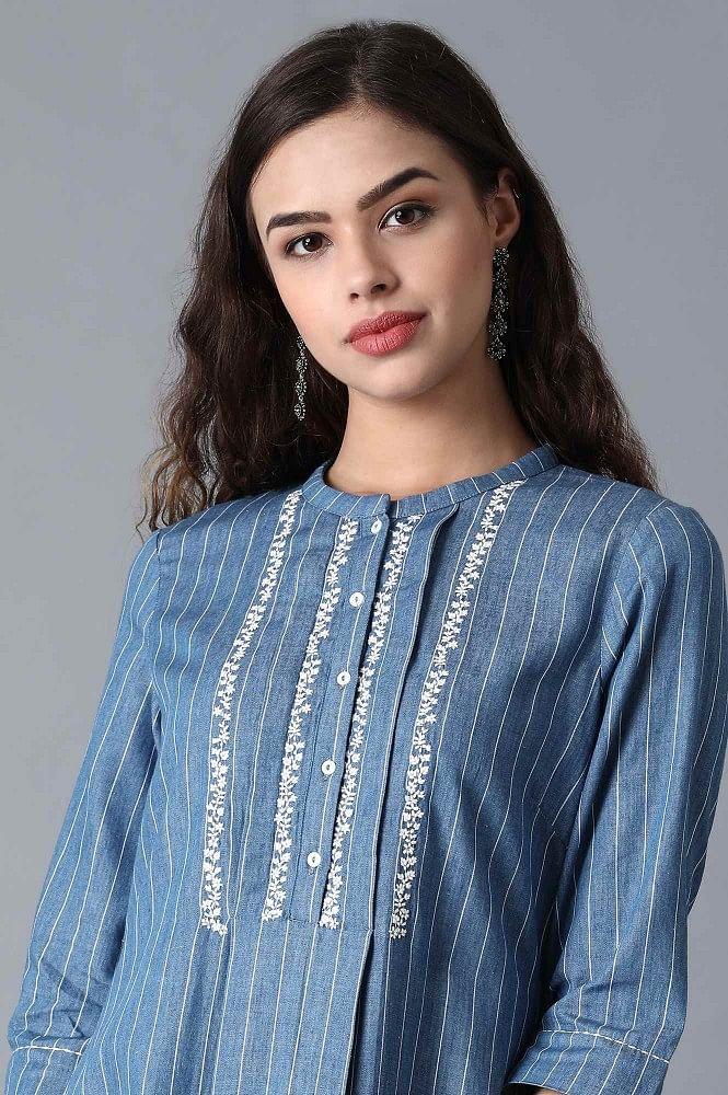 Blue Mandarin Neck Printed kurta - wforwoman