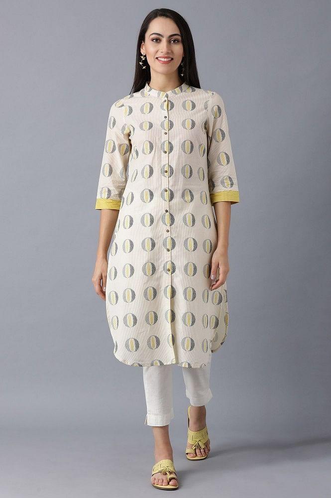 Beige Mandarin Neck Printed kurta - wforwoman