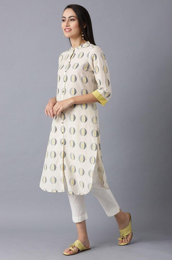 Beige Mandarin Neck Printed kurta - wforwoman