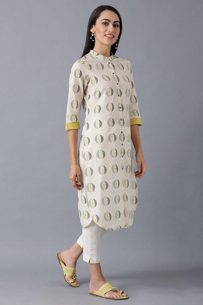 Beige Mandarin Neck Printed kurta - wforwoman