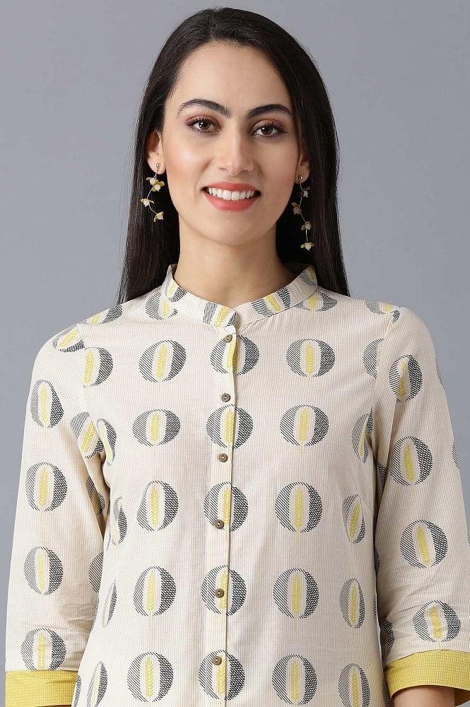 Beige Mandarin Neck Printed kurta - wforwoman