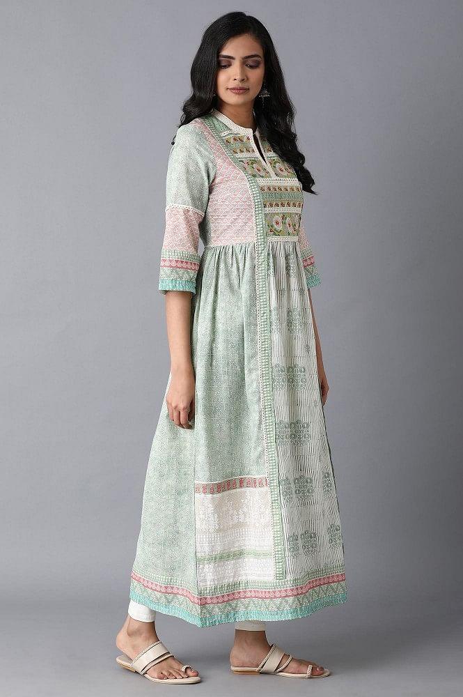 Buy Smoke Green Mix Print Panelled Dress @ 3599 | W for woman