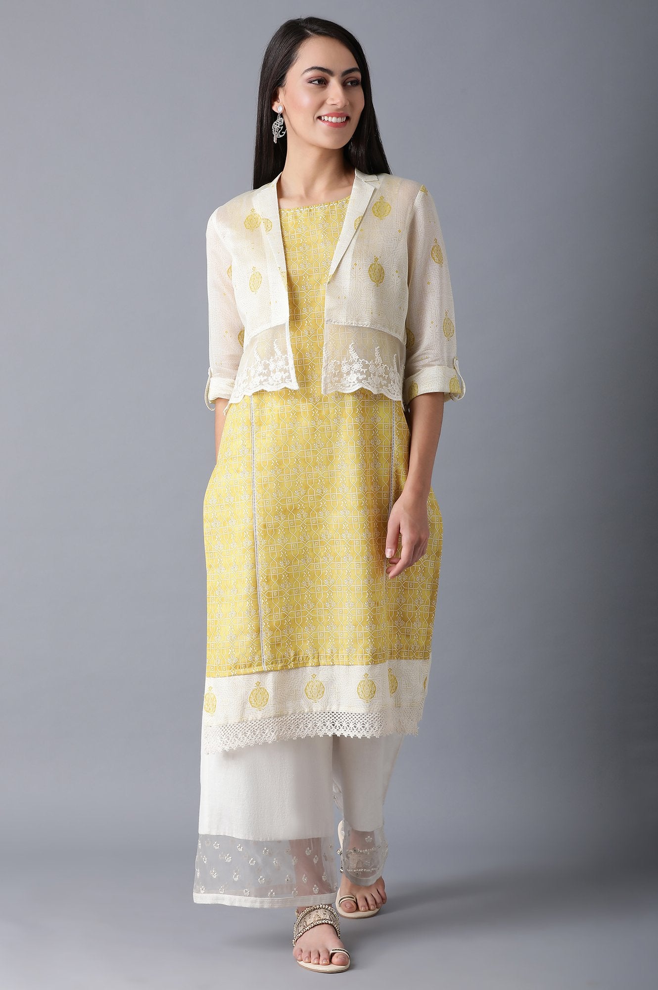 Yellow Round Neck kurta with Jacket