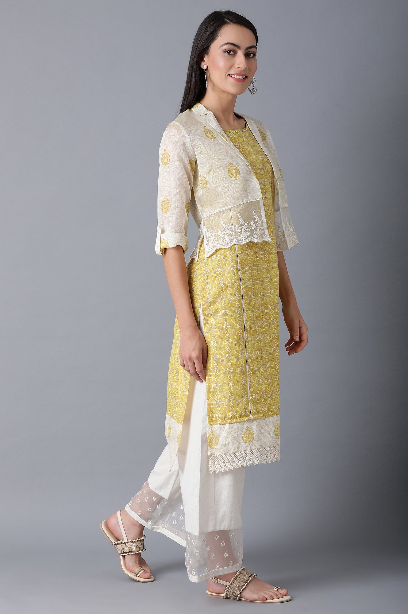 Yellow Round Neck kurta with Jacket