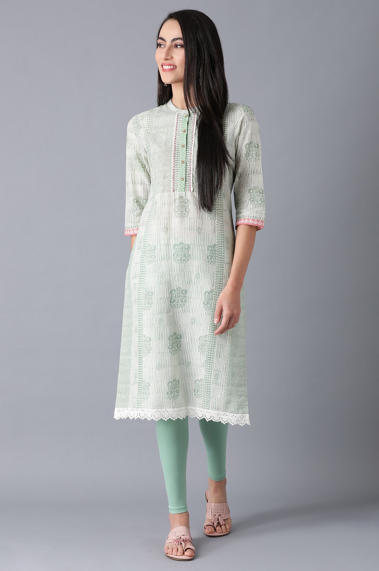 Green Mandarin Neck Printed kurta