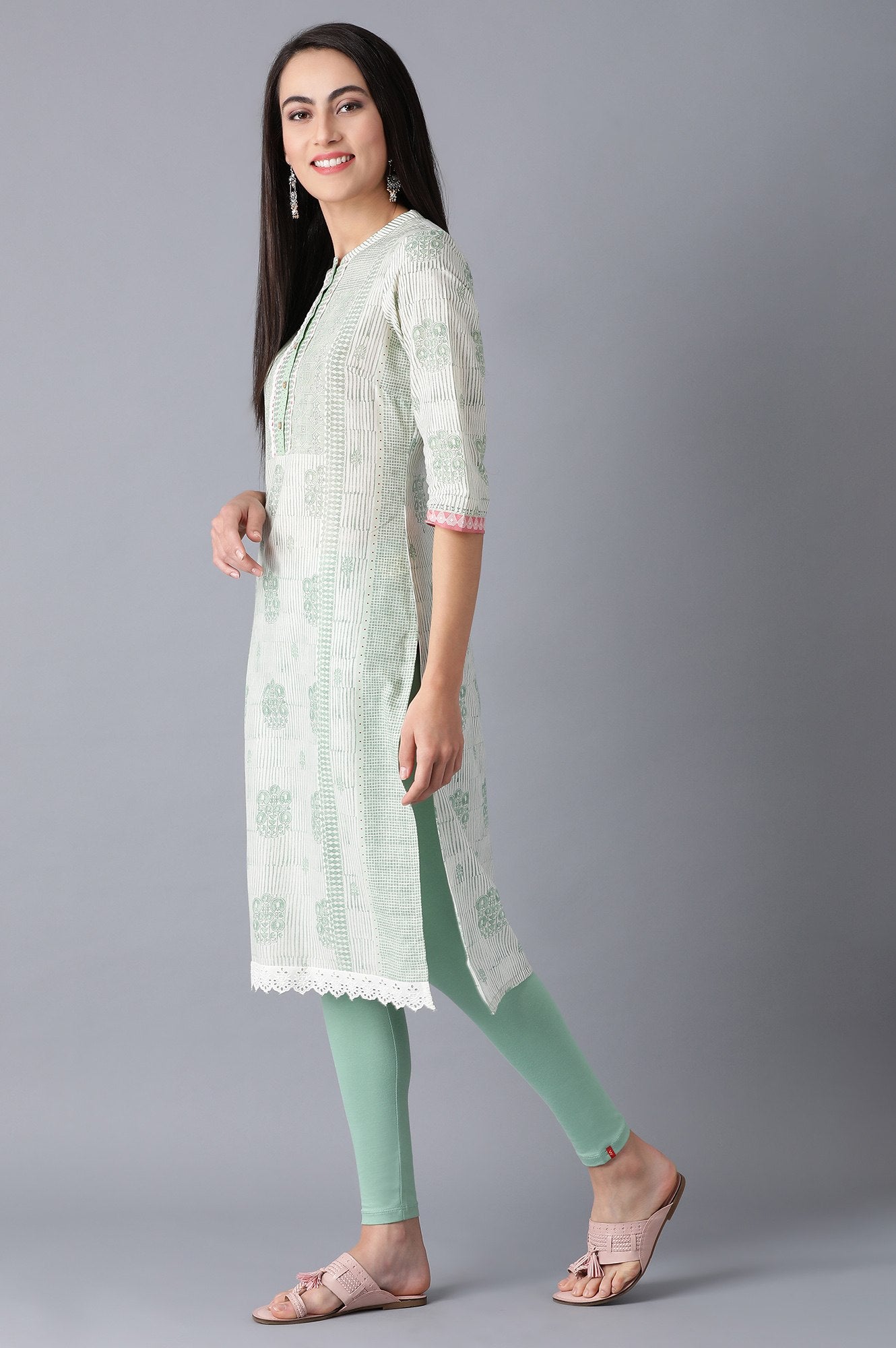 Green Mandarin Neck Printed kurta